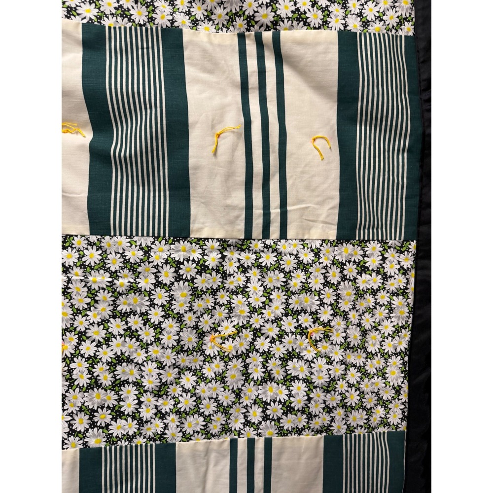Handmade Patchwork Tied Quilt Floral Daisy Striped Cottagecore Black Green Cream - Picture 11 of 16